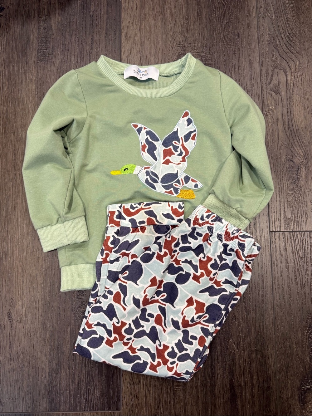 Kids Sage Green Duck PJ Set with Patterned Pants